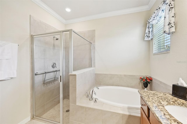 full bath with vanity, ornamental molding, a shower stall, and a bath