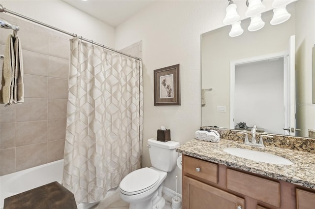 full bath featuring shower / bath combination with curtain, vanity, and toilet