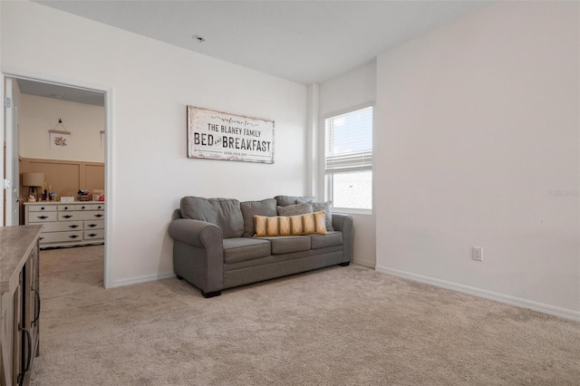 living area featuring light colored carpet