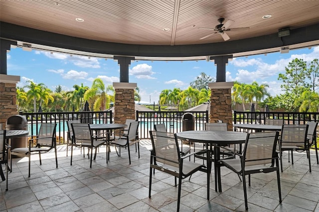 view of patio / terrace with a water view, an outdoor stone fireplace, ceiling fan, and a fenced in pool