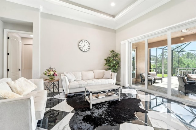 living room with crown molding