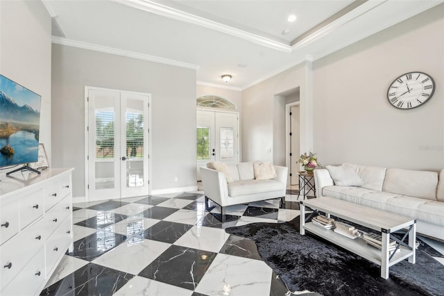 living room with french doors and ornamental molding