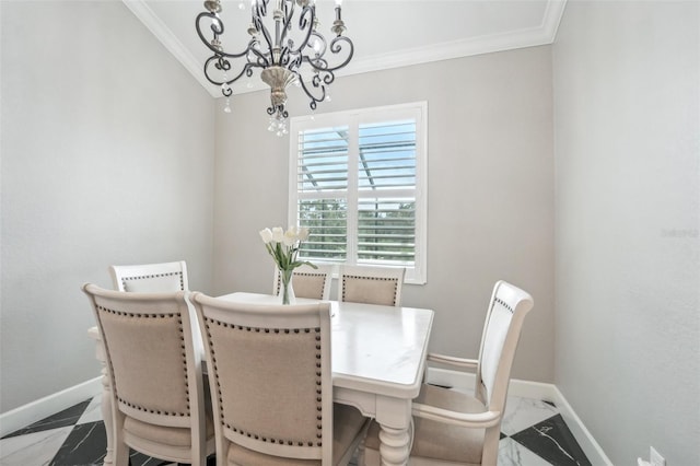 dining space featuring a chandelier and crown molding