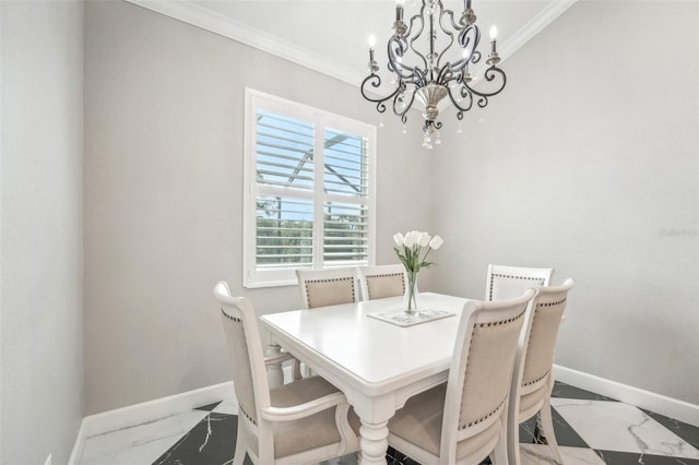 dining space with ornamental molding and a notable chandelier