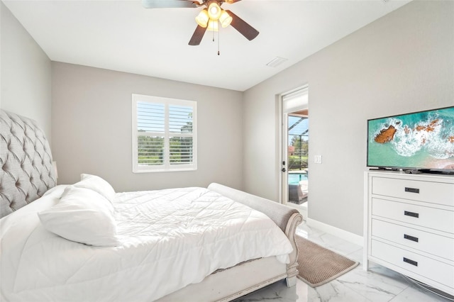 bedroom featuring access to outside and ceiling fan