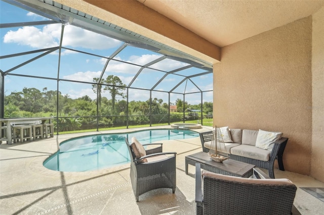 view of swimming pool with outdoor lounge area, glass enclosure, an outdoor bar, and a patio