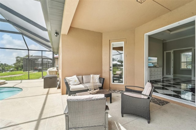 view of patio / terrace featuring glass enclosure and an outdoor living space