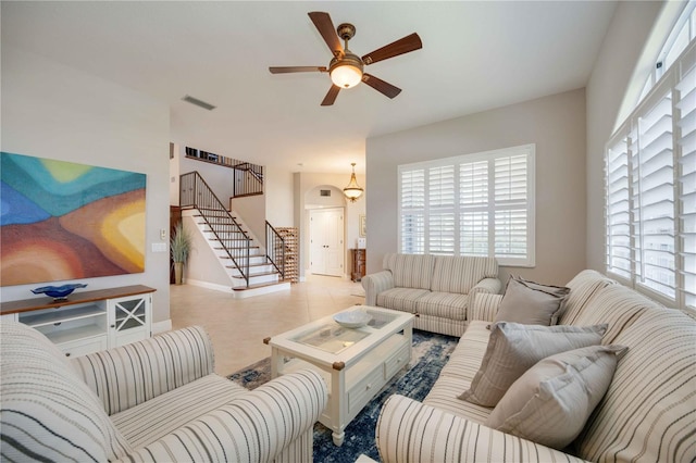 living room with ceiling fan