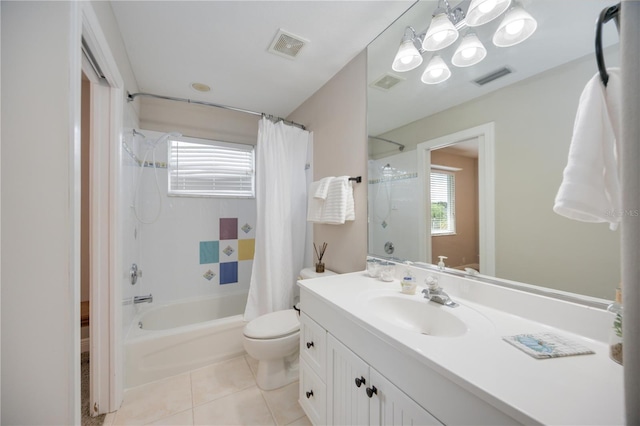 full bathroom featuring tile patterned flooring, vanity, toilet, and shower / bath combo