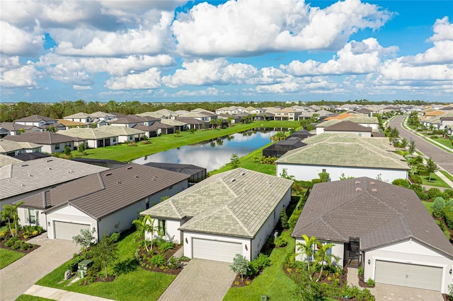 bird's eye view with a water view