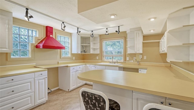 kitchen featuring a textured ceiling, premium range hood, sink, white cabinets, and track lighting