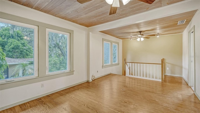 empty room featuring light wood-type flooring, wood ceiling, crown molding, and ceiling fan