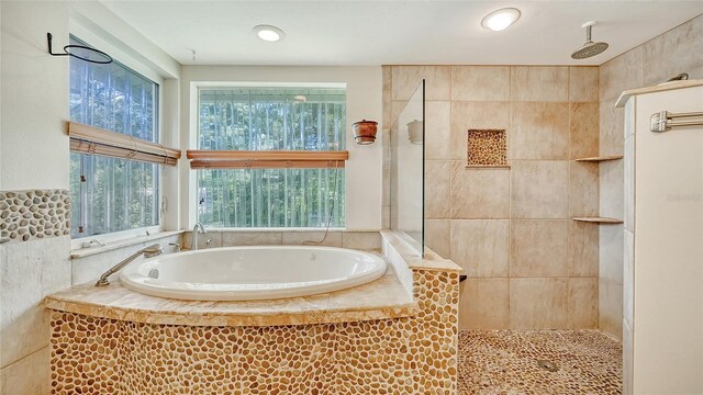 bathroom with shower with separate bathtub