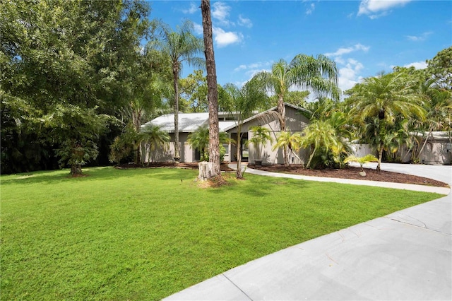 mid-century modern home with a front lawn