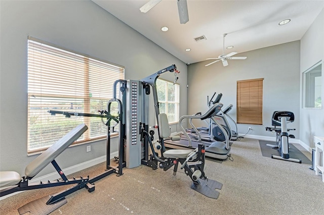 exercise area featuring carpet flooring, ceiling fan, and vaulted ceiling