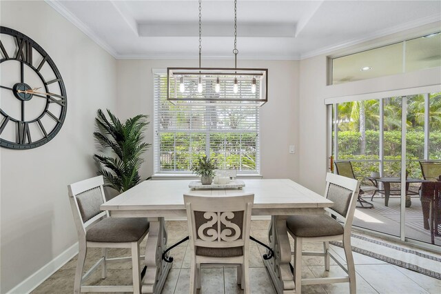 dining space featuring a tray ceiling and a wealth of natural light