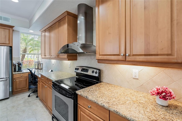 kitchen featuring crown molding, visible vents, decorative backsplash, appliances with stainless steel finishes, and wall chimney range hood