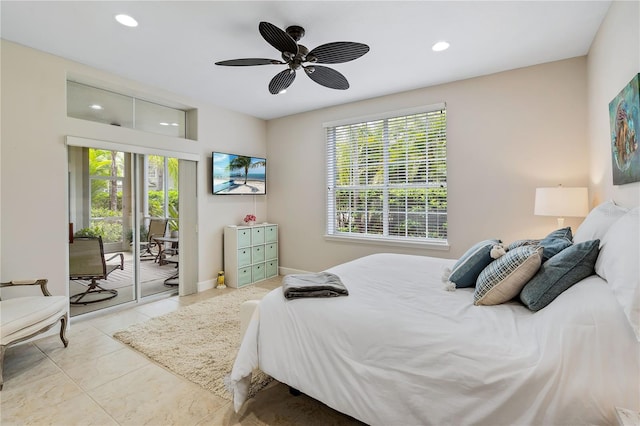 bedroom with access to outside, tile patterned flooring, a ceiling fan, and recessed lighting