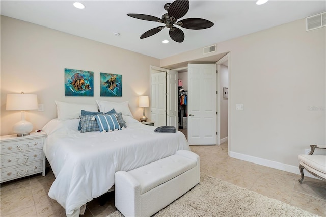 tiled bedroom with ceiling fan, recessed lighting, visible vents, and baseboards