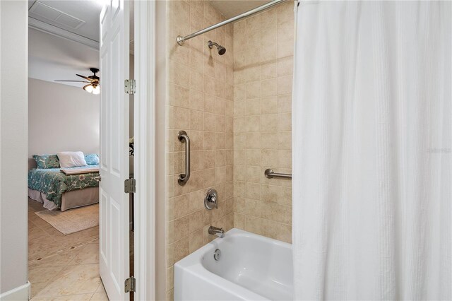 bathroom with ceiling fan, tile patterned floors, and shower / bath combo