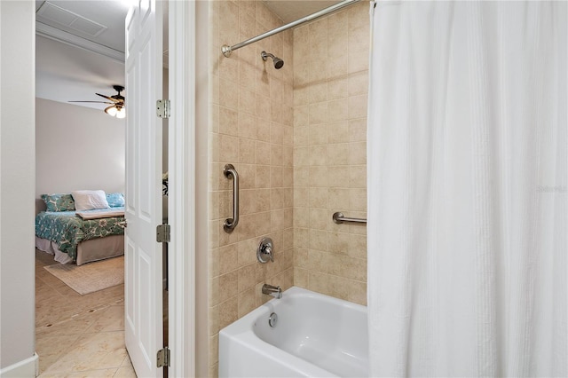 full bath with shower / bathtub combination with curtain, visible vents, tile patterned flooring, and ensuite bathroom