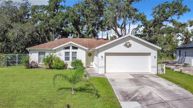 ranch-style house featuring a front lawn, concrete driveway, a garage, and stucco siding