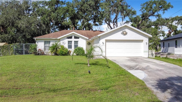 ranch-style home featuring driveway, fence, a front lawn, an attached garage, and stucco siding