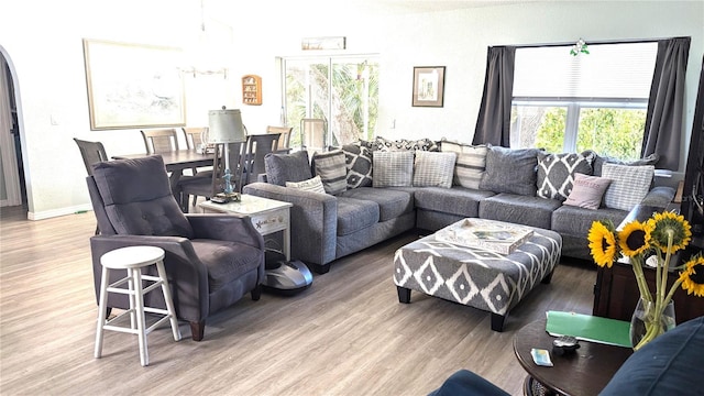 living room with baseboards, wood finished floors, and a healthy amount of sunlight