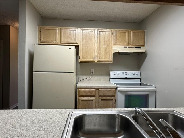 kitchen featuring white appliances, light brown cabinetry, sink, and a textured ceiling