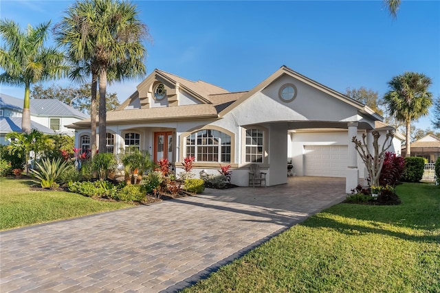 view of front of home with a garage and a front lawn