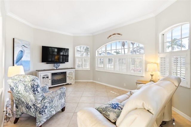 tiled living room featuring crown molding