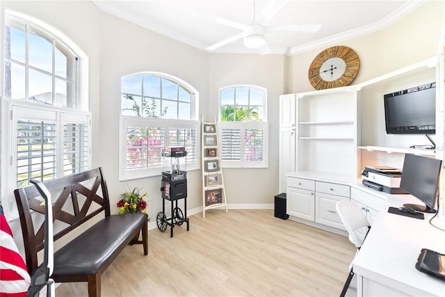 office space featuring ceiling fan, crown molding, and light hardwood / wood-style flooring