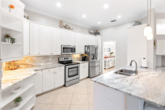 kitchen featuring white cabinetry, decorative light fixtures, stainless steel appliances, and sink