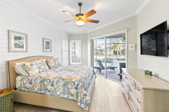 bedroom featuring crown molding, access to exterior, ceiling fan, and light wood-type flooring