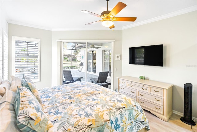 bedroom with light wood-type flooring, crown molding, access to outside, and ceiling fan