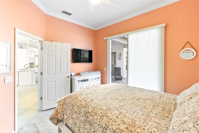 tiled bedroom featuring crown molding and ceiling fan