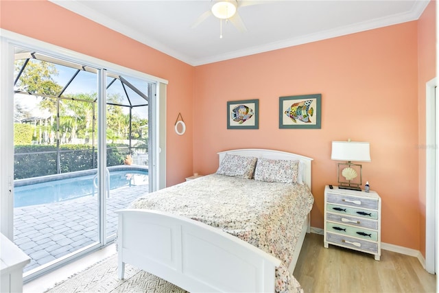 bedroom featuring ornamental molding, access to outside, ceiling fan, and light hardwood / wood-style floors