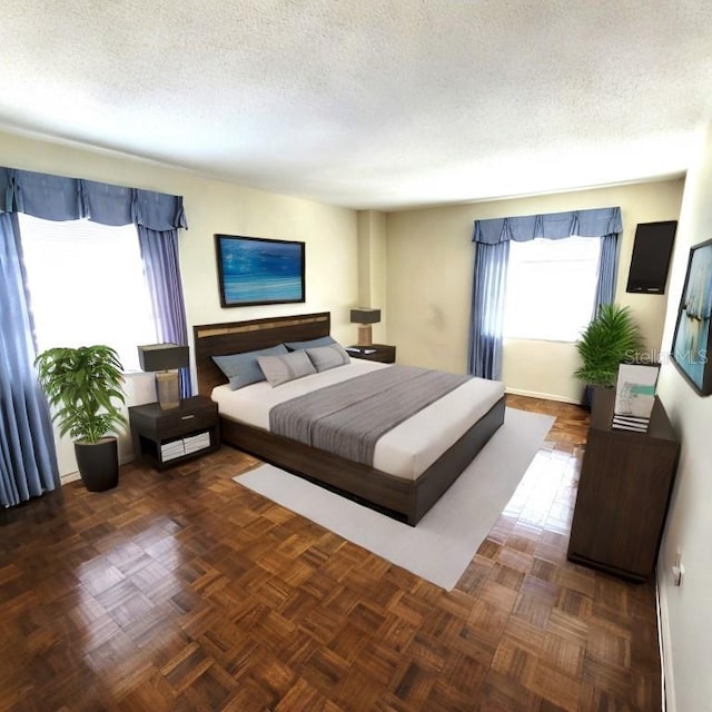 bedroom with a textured ceiling and dark parquet floors