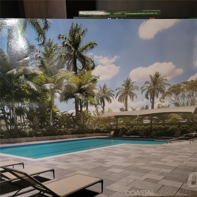 pool at dusk featuring a patio area