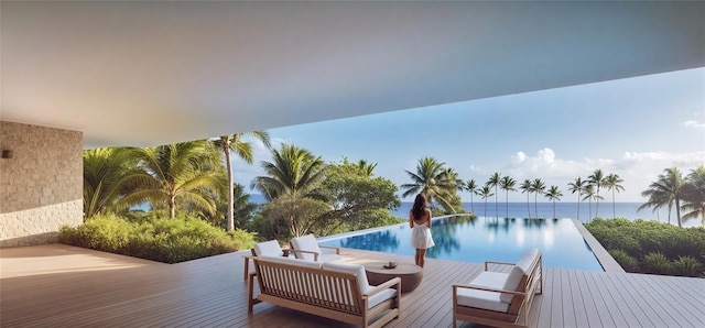 view of swimming pool with a deck with water view and an outdoor living space