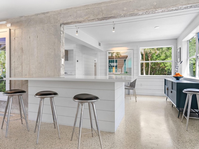 7665 Sanderling Rd, Sarasota, FL 34242 - kitchen with dark speckled floor, a breakfast bar area, and light countertops