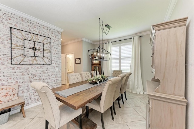 dining space featuring light tile patterned floors, a chandelier, and crown molding