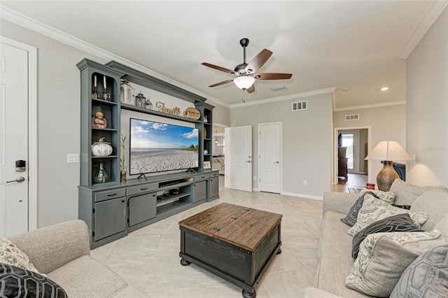 tiled living room featuring crown molding and ceiling fan