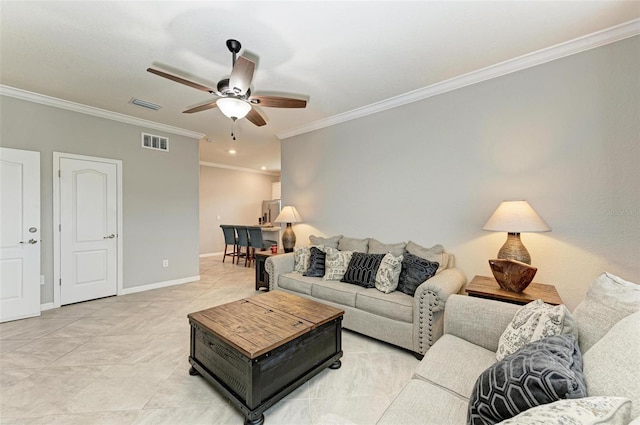 living room with crown molding, ceiling fan, and light tile patterned floors