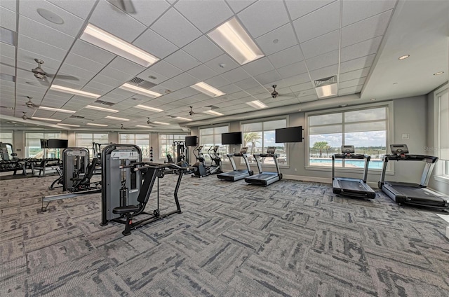 workout area featuring ceiling fan and carpet