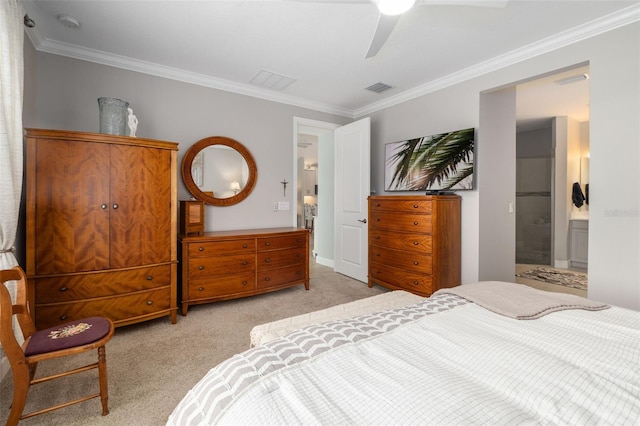 carpeted bedroom with crown molding, ceiling fan, and ensuite bathroom