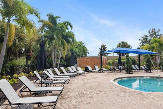 view of swimming pool featuring a patio