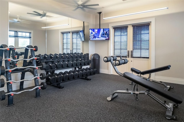 workout area featuring ceiling fan