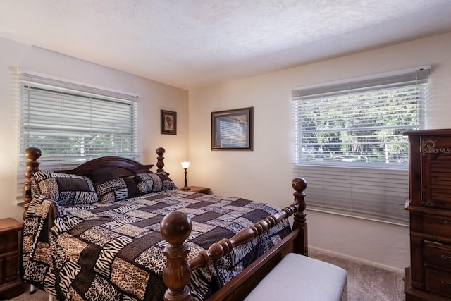 carpeted bedroom with a textured ceiling