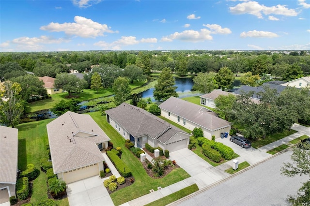 bird's eye view with a water view